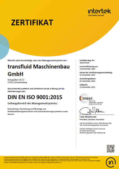 ISO 9001:2015 Zertifikat von transfluid Maschinenbau GmbH.