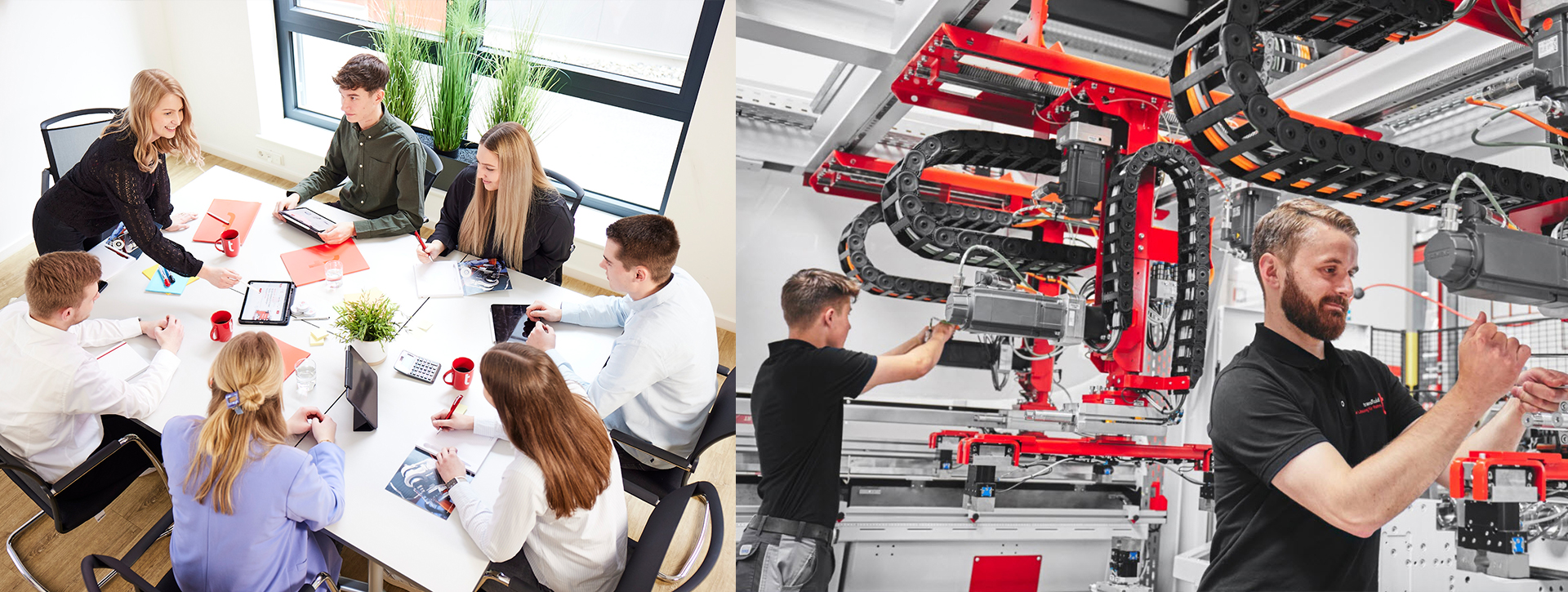 Teammeeting im Büro und Mitarbeiter an Industrieanlage zeigen Zusammenarbeit in Büro und Produktion.