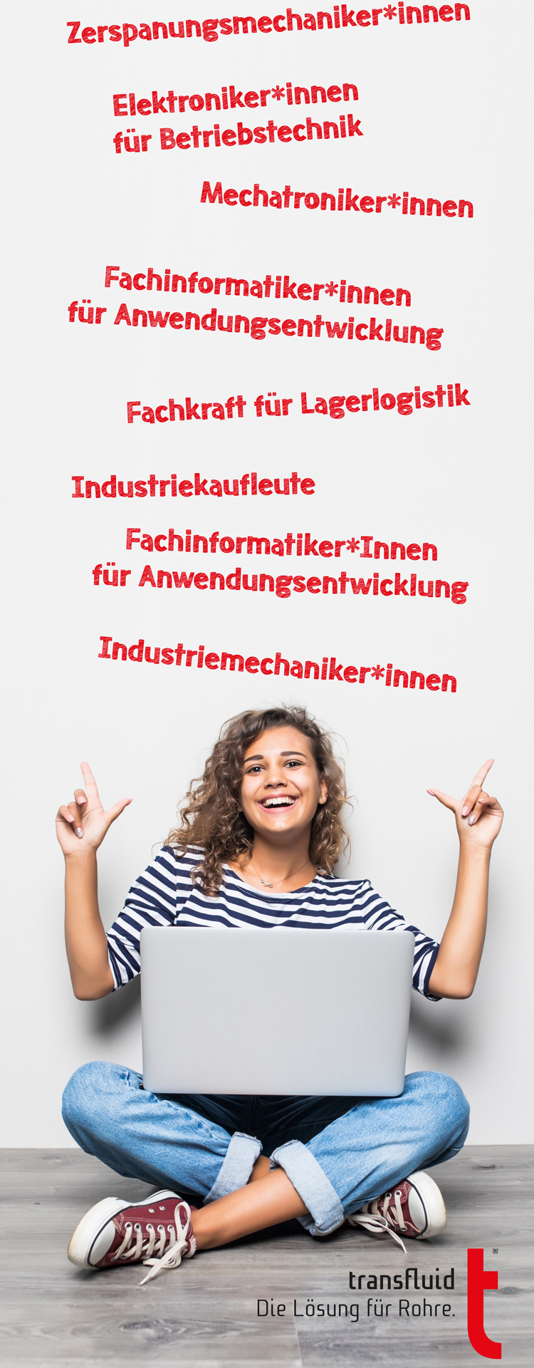 Übersicht Ausbildungsberufe bei transfluid mit Studentin und Laptop.