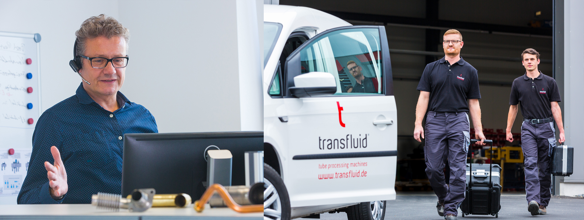 Service-Team mit Firmenfahrzeug und Techniker bei Remote-Support im Büro.