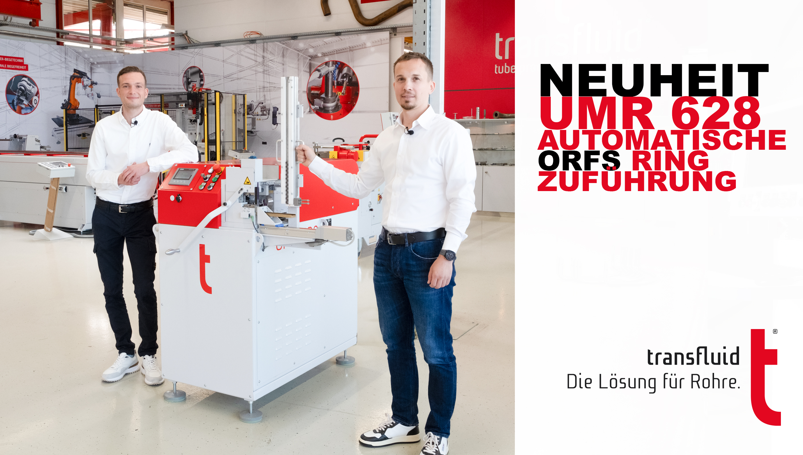 transfluid t form FLARELINE 28 Rohrumformmaschine mit automatischer ORFS-Ringzuführung und zwei Bedienern.