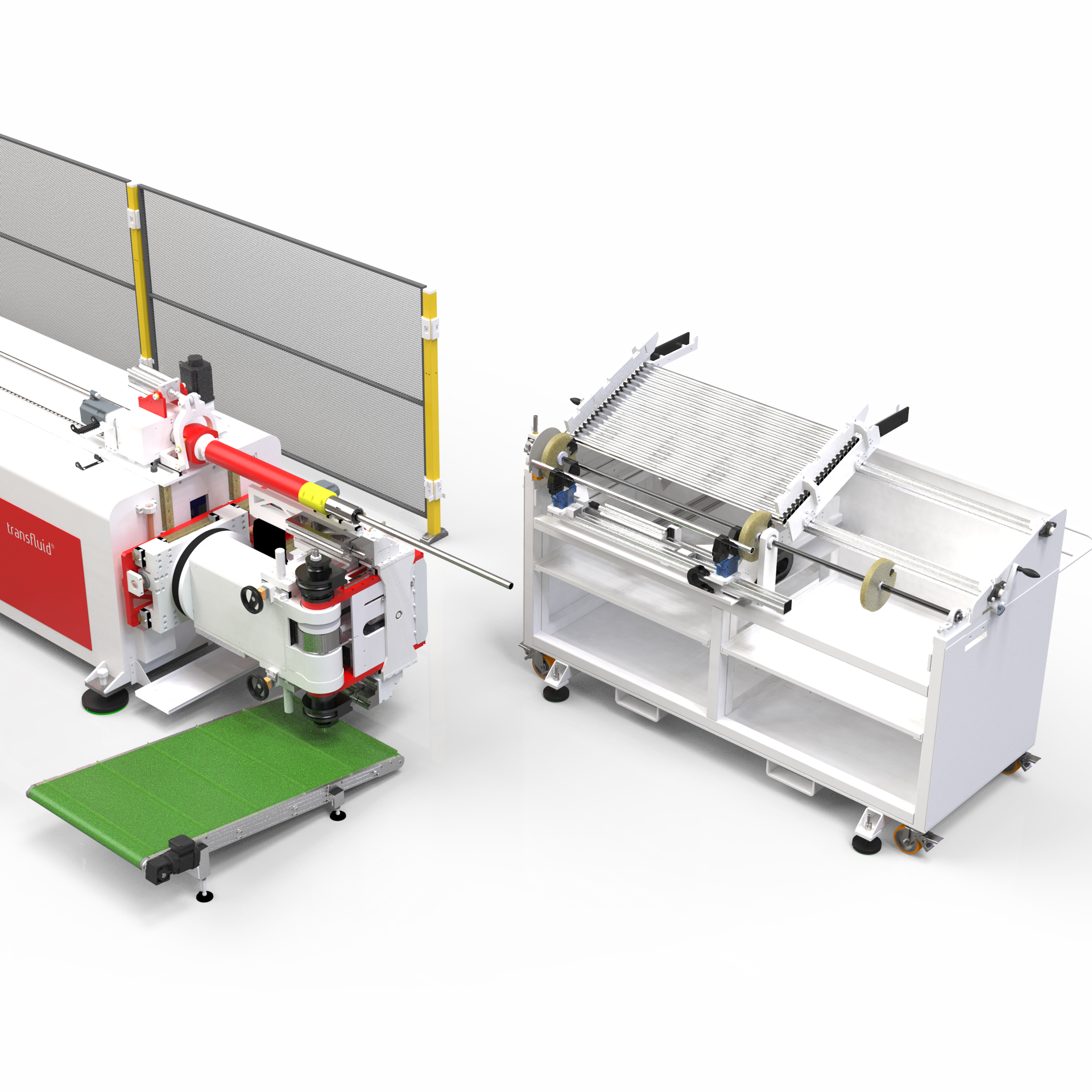Automatisierte Rohrbearbeitungsanlage mit Schneidmaschine und Zuführsystem.
