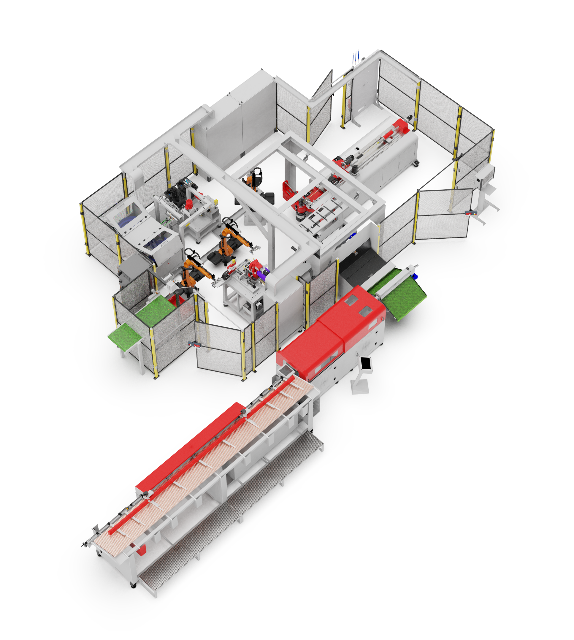 Automatisierte Robotik-Fertigungszelle mit Industrierobotern und Fördertechnik.