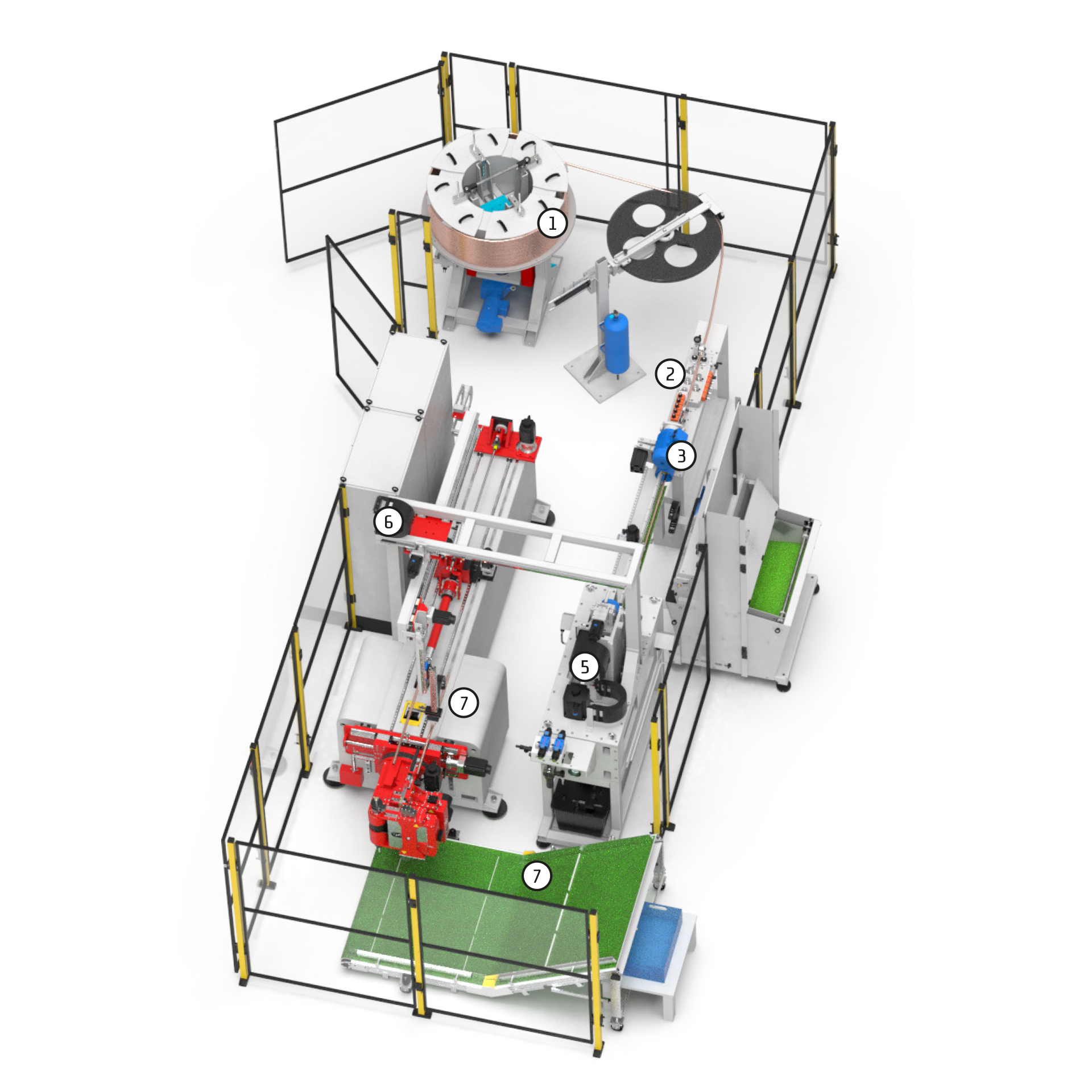 Automatisierte Rohrfertigungszelle mit nummerierten Prozessstationen und Roboter.