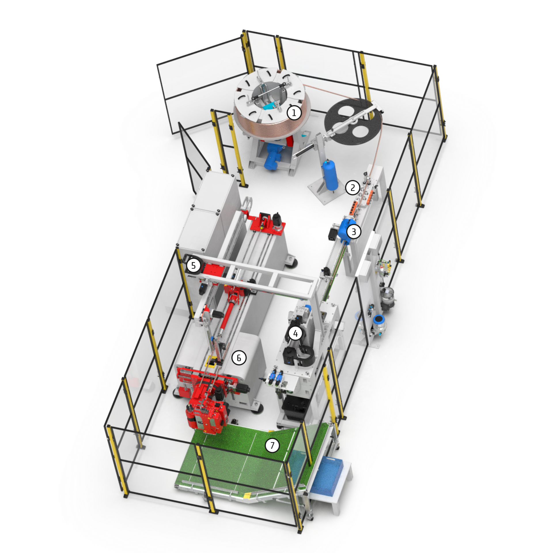 Automatisierte Rohrfertigungszelle mit nummerierten Prozessschritten und Fördertechnik.