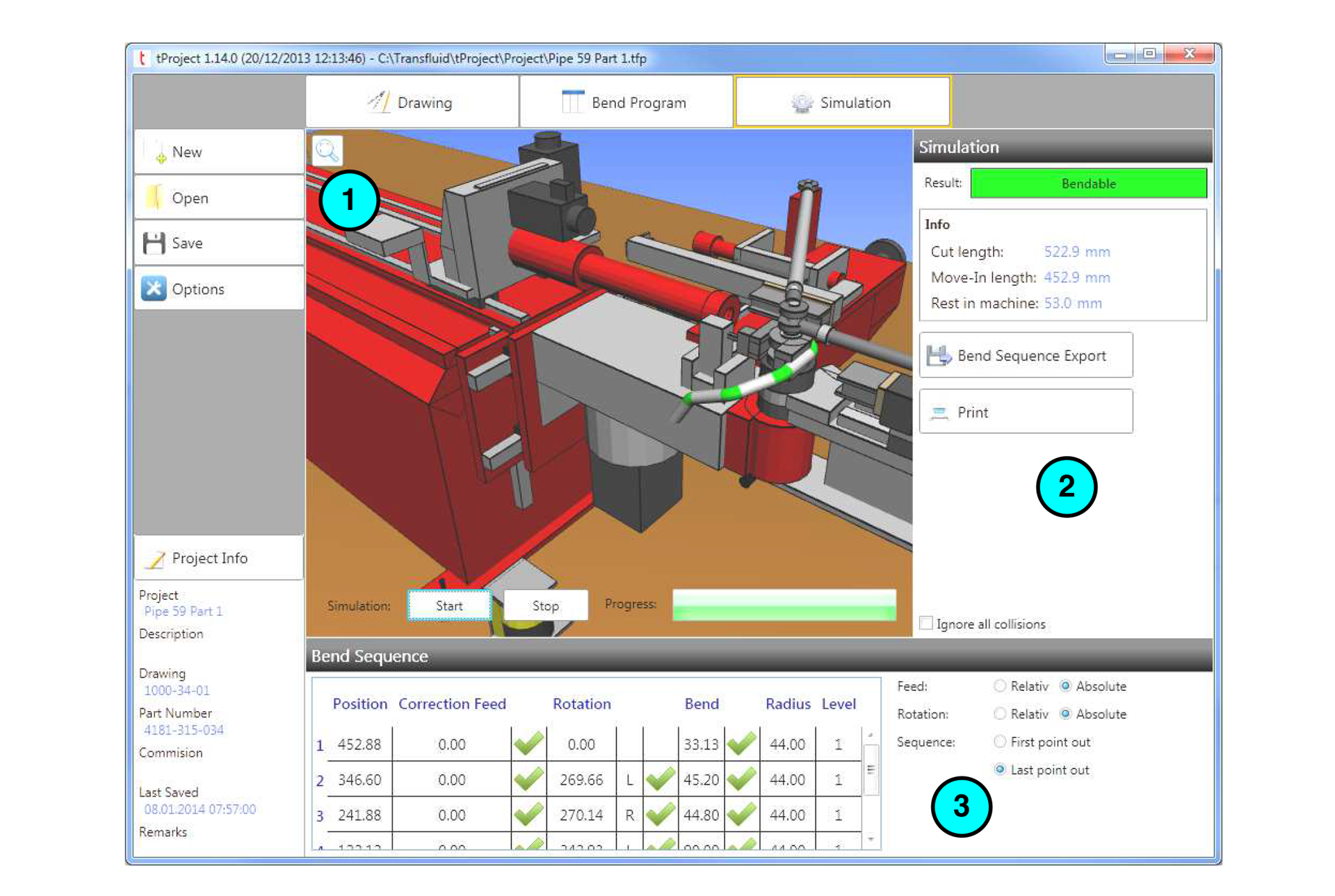 transfluid t project Software mit Biege-Simulation und Kollisionsprüfung zur Offline-Programmierung von Rohrbiegeprozessen.