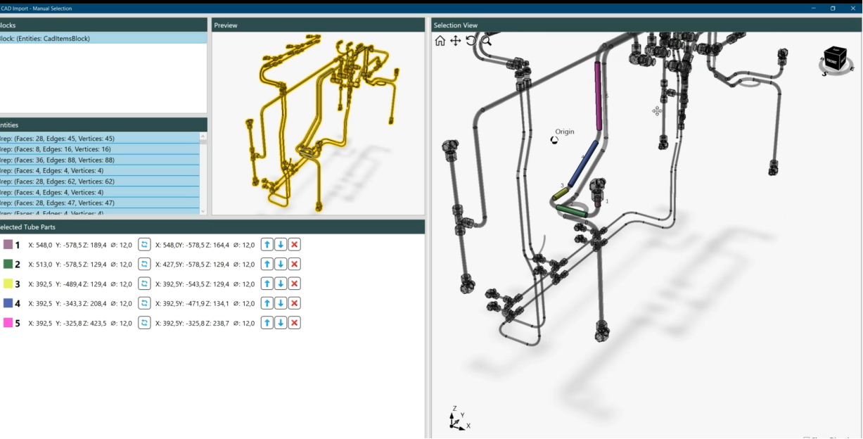 CAD-Import einer Rohrbaugruppe mit Auswahl einzelner Rohrsegmente in 3D-Software.