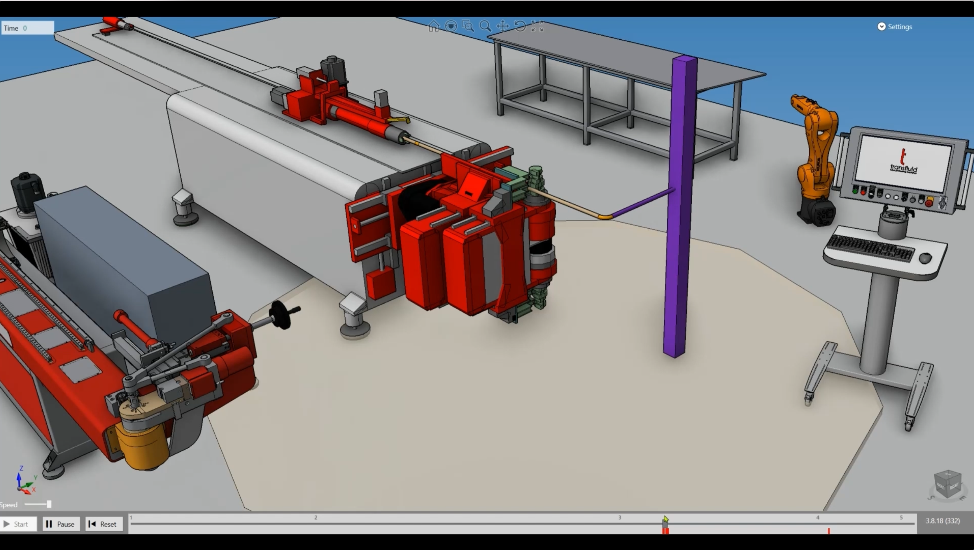 Rohrbiege-Simulation mit Kollisionsprüfung in der transfluid t project Software, inklusive 3D-Maschinenmodell, Roboter und Steuerung.