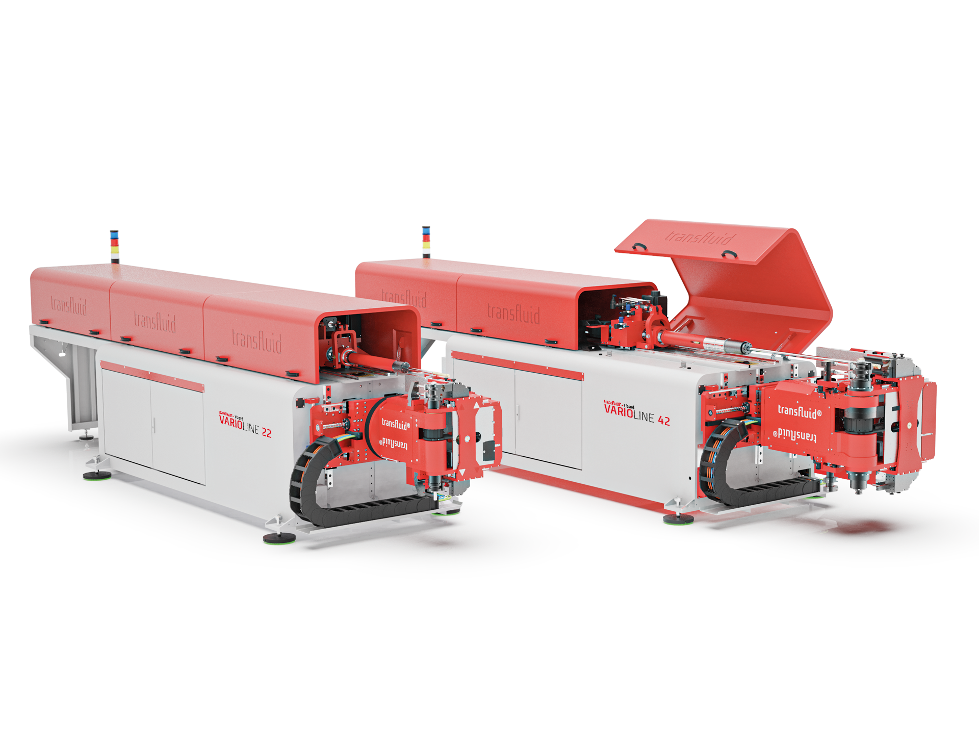 Zwei CNC-Rohrbiegemaschinen der Serie t bend VARIOLINE 22 und VARIOLINE 42 für präzises Dornbiegen von Metallrohren.