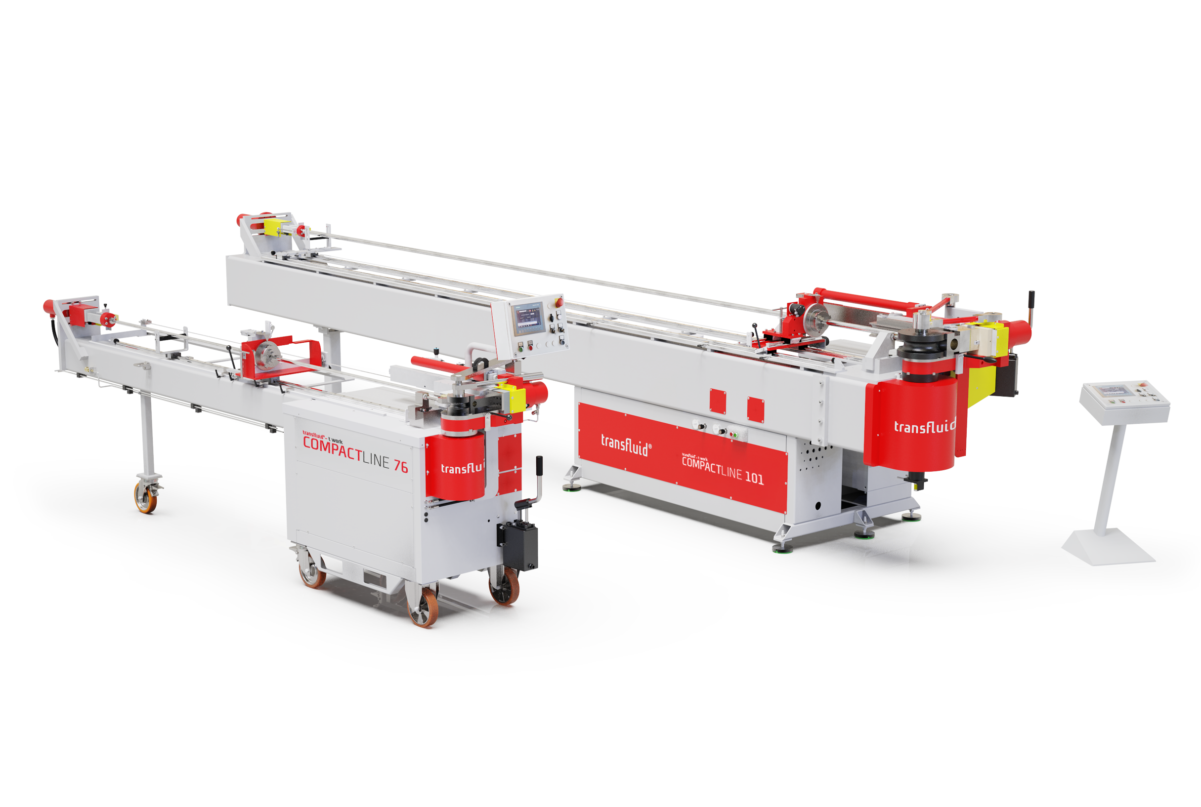 Zwei Rohrbiegemaschinen t work COMPACTLINE 76 und t work COMPACTLINE 101 mit Steuerung für präzises industrielles Rohrbiegen.