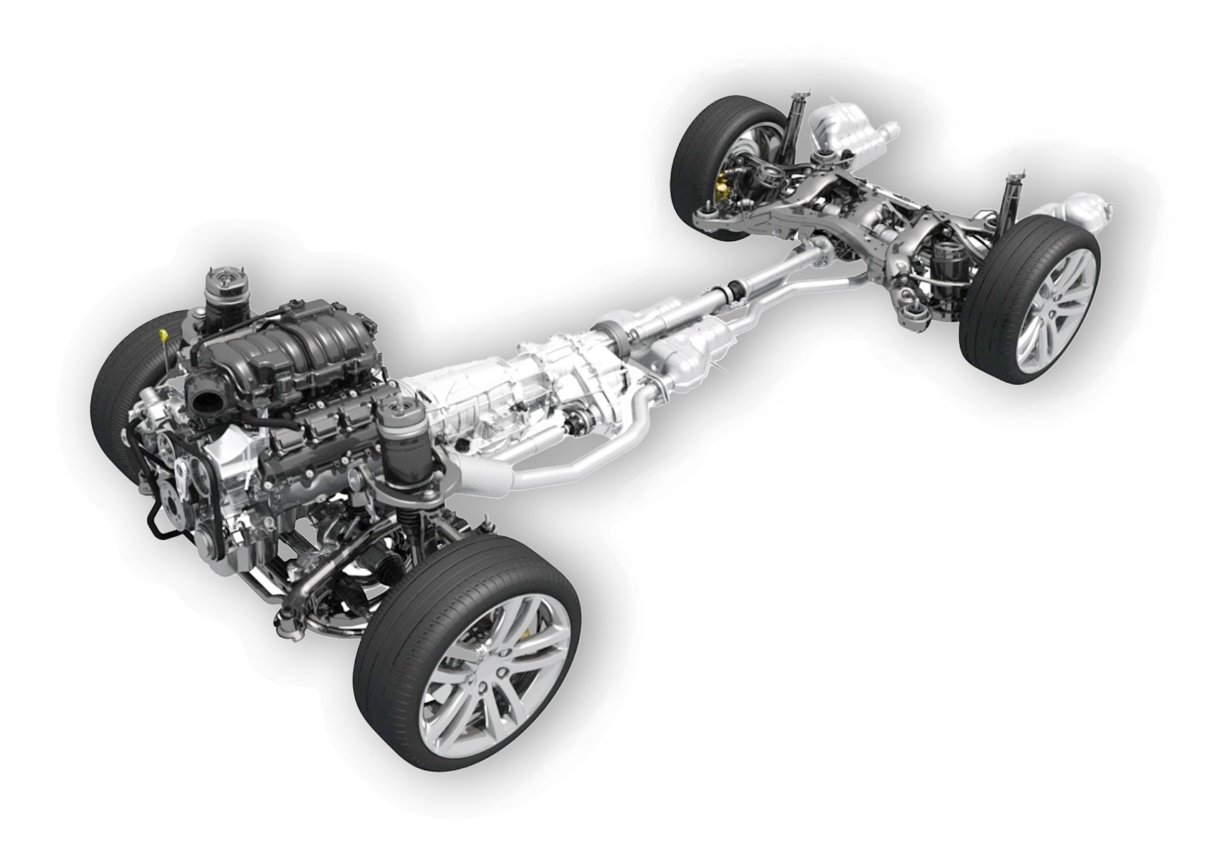 Fahrzeug-Chassis mit Antriebsstrang und Rohrleitungen für Automotive-Anwendungen.